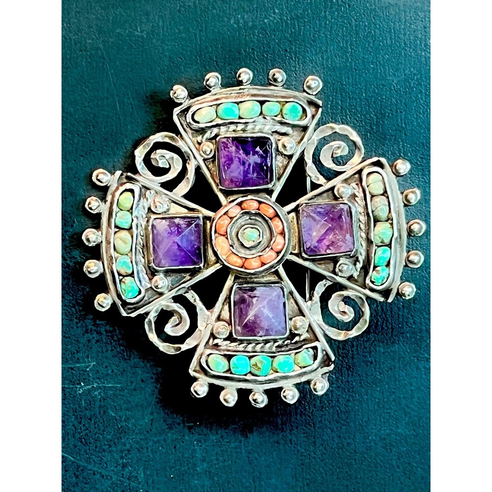 Vintage Matl Ricardo Salas Amethyst Turquoise Sterling Silver Brooch Mexico 60s